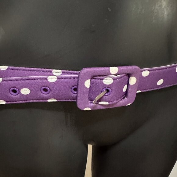 Retro 1970s Women’s Belt In Purple With White Polka Dots Square Buckle - Picture 3 of 10